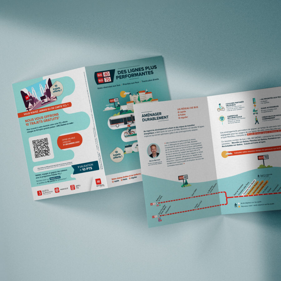 Flyer 4 pages de la campagne nouvelles lignes de bus TCL pour KEOLIS